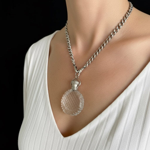 Antique Silver Cut Crystal Chateliane Perfume Bottle Pendant - Boylerpf