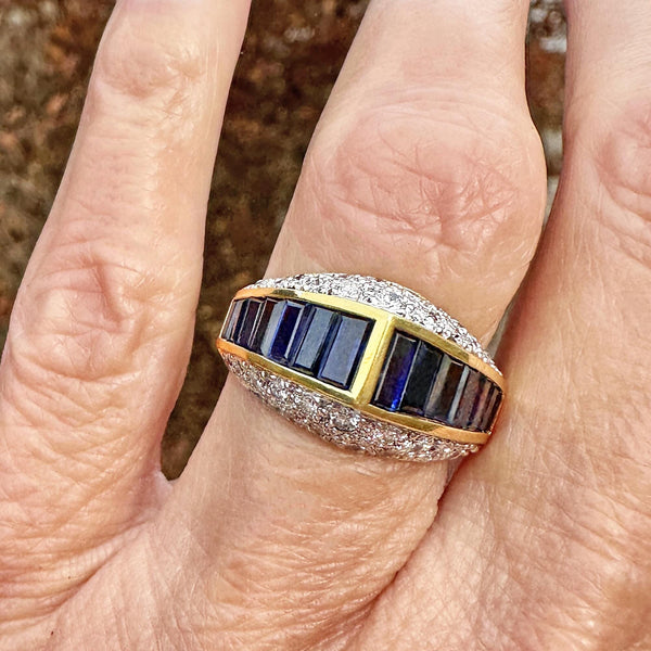 18K Gold Diamond Cluster Baguette Sapphire Ring