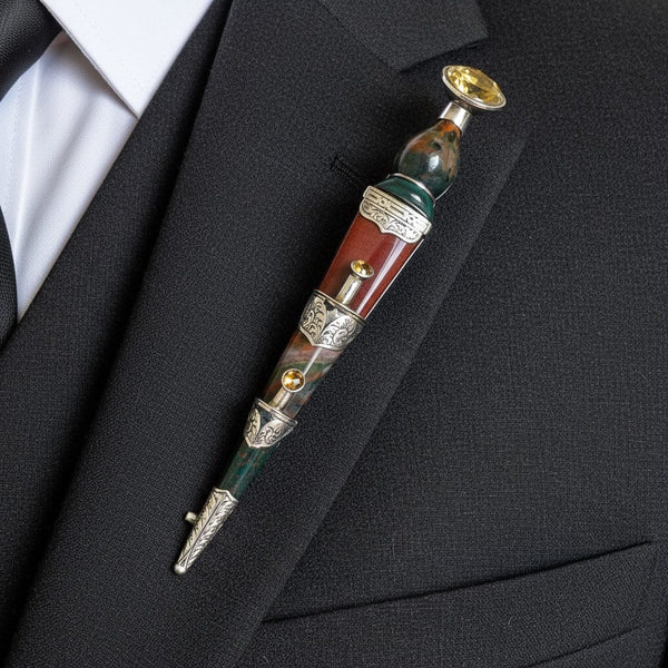 Large Silver Antique Scottish Agate Citrine Dirk Kilt Brooch - Boylerpf