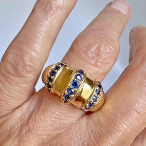Solid 18K Gold Wide Three Row 1 CTW Sapphire Ring Dome Band - Boylerpf