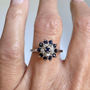 Vintage Sapphire Halo Diamond Cluster Ring in 10K White Gold - Boylerpf