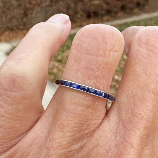 Art Deco Platinum French Cut Sapphire Wedding Band Ring