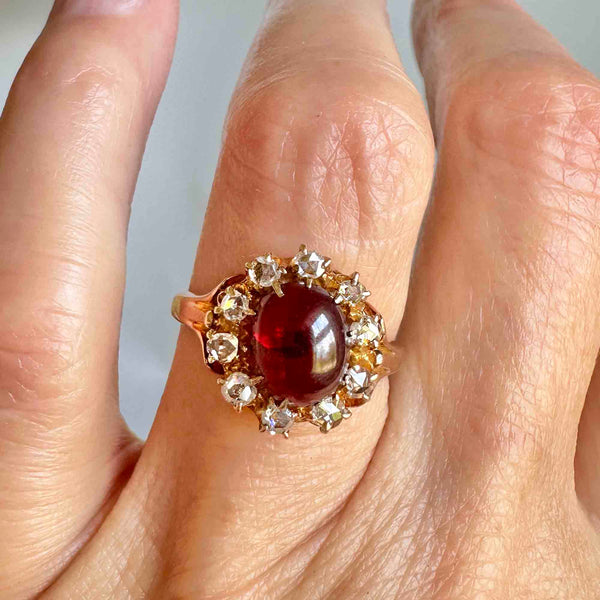 Antique Rose Cut Diamond Halo Garnet Cabochon Ring - Boylerpf