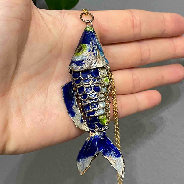 Vintage Large Articulated Blue Enamel Koi Fish Pendant Necklace - Boylerpf