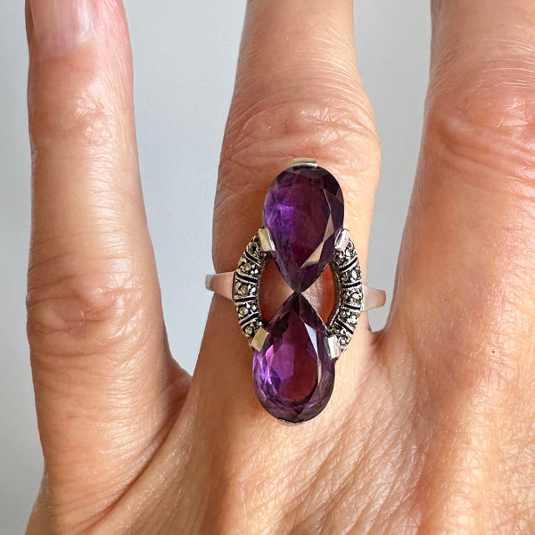 Fine 935 Silver Marcasite Pear Cut Amethyst Ring - Boylerpf