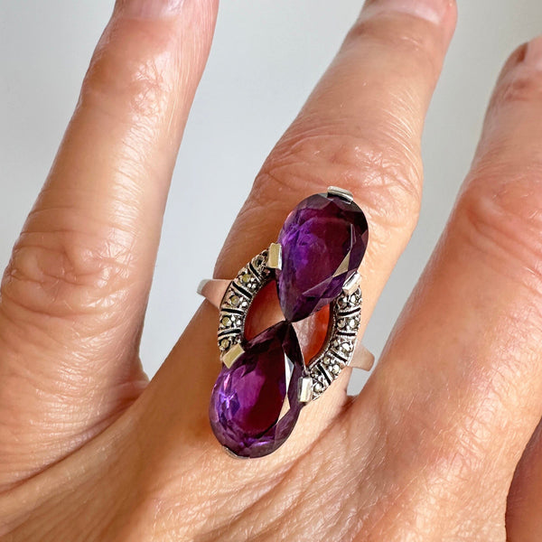 Fine 935 Silver Marcasite Pear Cut Amethyst Ring - Boylerpf