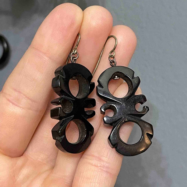 Antique Victorian Carved Whitby Jet Geometric Drop Earrings - Boylerpf