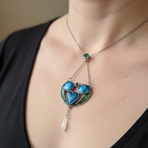 Silver Art Nouveau Blue Green Enamel Baroque Pearl Necklace - Boylerpf