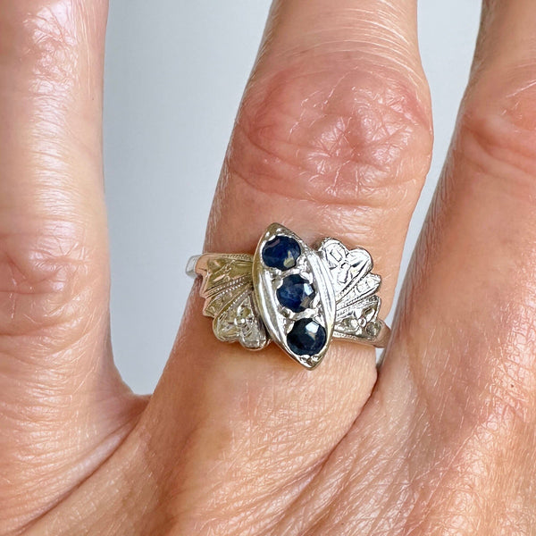 Vintage 14K White Gold Floral Three Stone Sapphire Ring - Boylerpf