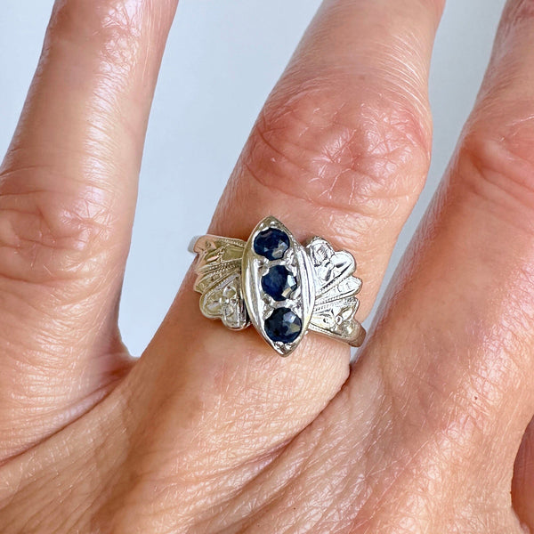 Vintage 14K White Gold Floral Three Stone Sapphire Ring - Boylerpf