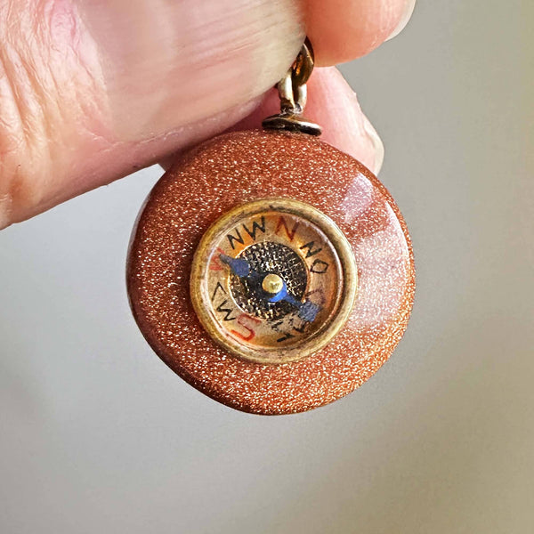 Antique Victorian Goldstone Working Compass Fob Pendant - Boylerpf