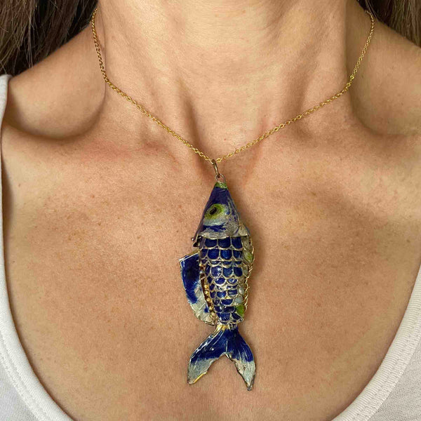 Vintage Large Articulated Blue Enamel Koi Fish Pendant Necklace - Boylerpf