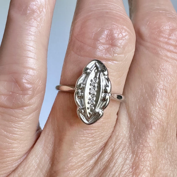 Art Deco 10K White Gold Three Stone Diamond Ring - Boylerpf