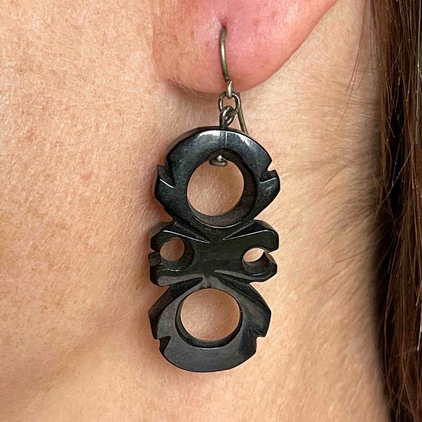 Antique Victorian Carved Whitby Jet Geometric Drop Earrings - Boylerpf