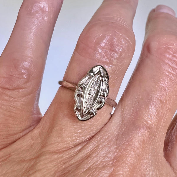 Art Deco 10K White Gold Three Stone Diamond Ring - Boylerpf