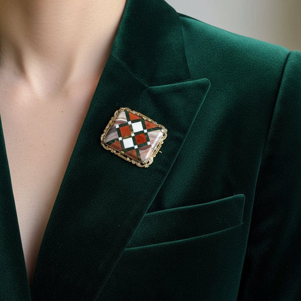 Antique 10K Gold Pietra Dura Scottish Agate Brooch - Boylerpf