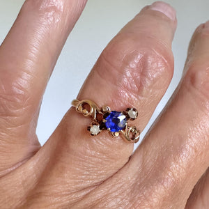 Antique Edwardian Seed Pearl Sapphire Solitaire Ring in Gold - Boylerpf