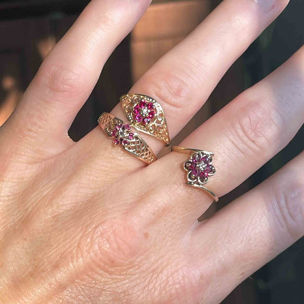 Vintage 10K Gold Diamond Ruby Flower Cluster Ring - Boylerpf