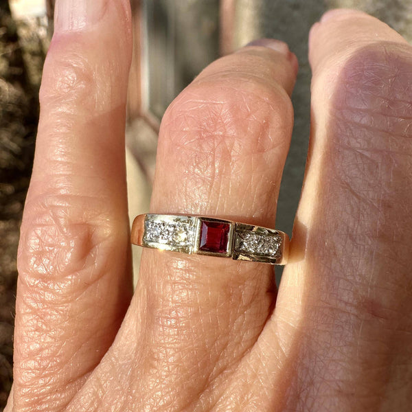 Vintage 14K Gold Diamond Square Ruby Ring Band - Boylerpf