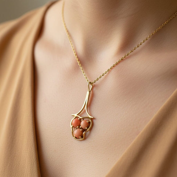 Antique Art Nouveau Style 14K Gold Coral Pendant