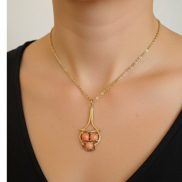 Antique Art Nouveau Style 14K Gold Coral Pendant