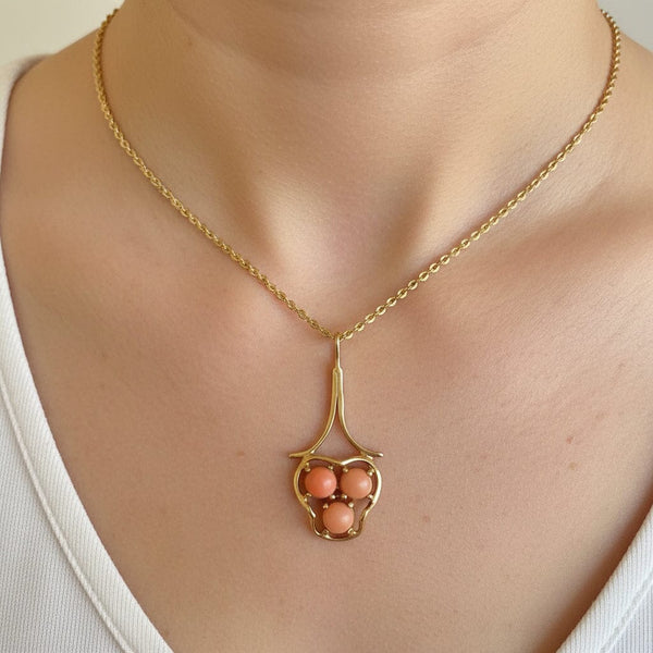 Antique Art Nouveau Style 14K Gold Coral Pendant