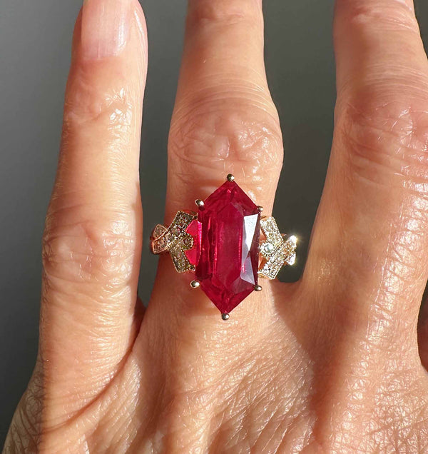 Vintage Fancy Cut Hexagon Ruby and Diamond Accent Ring - Boylerpf