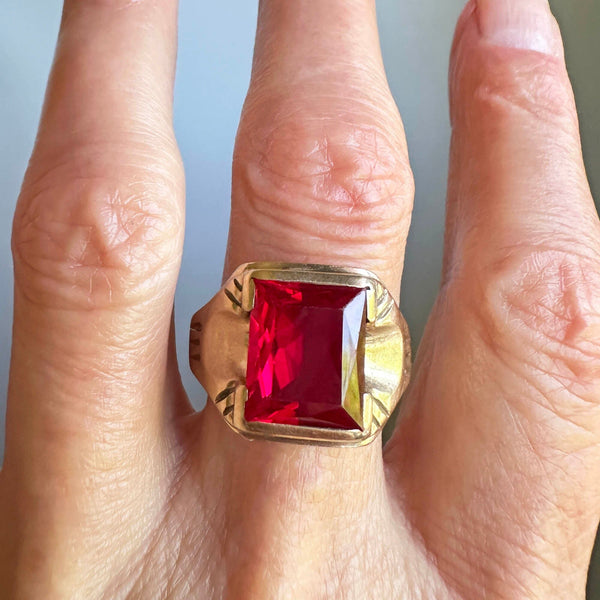 Mens Vintage Art Deco Gold Ruby Signet Ring - Boylerpf