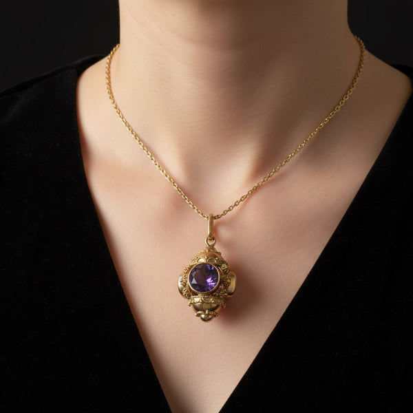 Vintage 18K Gold Etruscan Revival Amethyst Pendant - Boylerpf