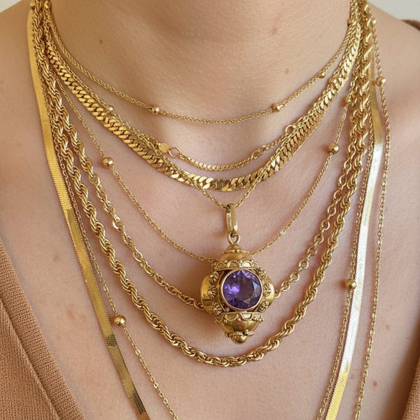 Vintage 18K Gold Etruscan Revival Amethyst Pendant - Boylerpf