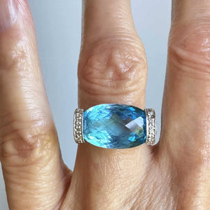 14K White Gold Checkerboard Blue Topaz Diamond East West Ring - Boylerpf