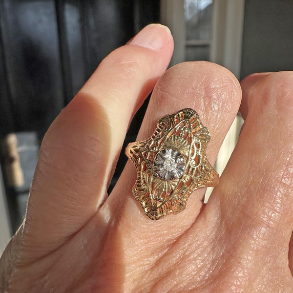 Art Deco 14K Gold Filigree Diamond Shield Ring - Boylerpf