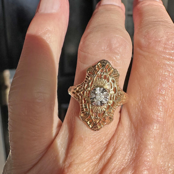 Art Deco 14K Gold Filigree Diamond Shield Ring - Boylerpf