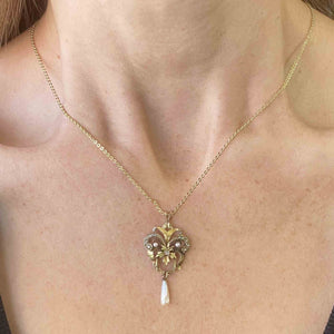 Antique Diamond Pearl 10K Gold Floral Lavalier Necklace | Boylerpf