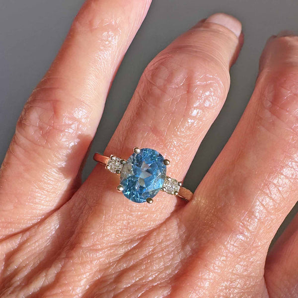 Vintage Swiss Blue Topaz Solitaire Diamond Ring in 14K Gold - Boylerpf