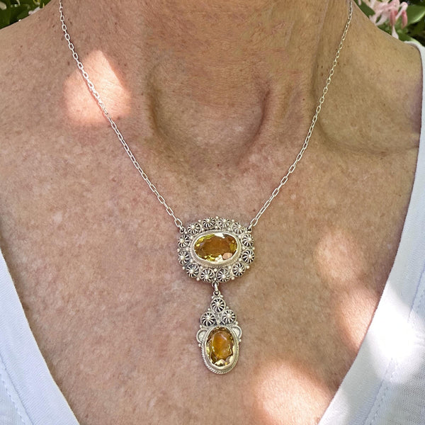 Antique Victorian Silver Canneille Flowers Citrine Necklace - Boylerpf