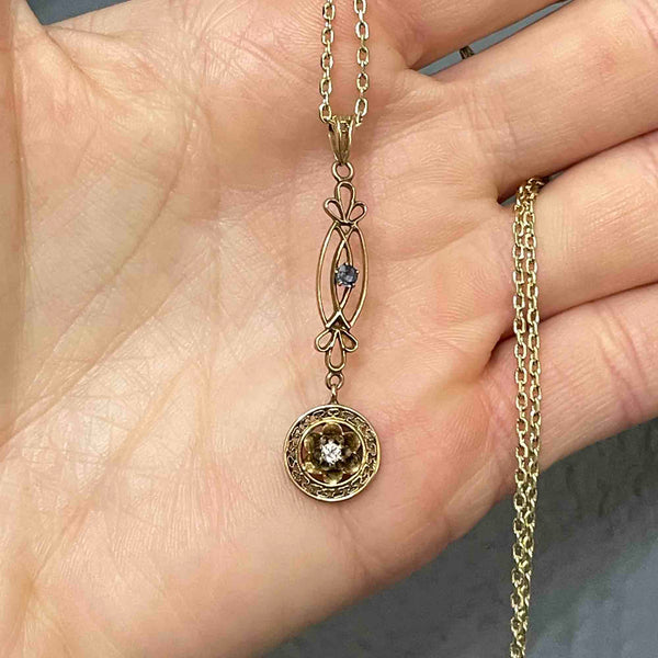 Art Nouveau 10K Gold Diamond Sapphire Lavalier Necklace - Boylerpf