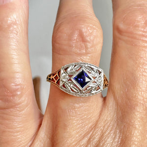 Art Deco Gold Filigree Diamond French Cut Sapphire Ring - Boylerpf