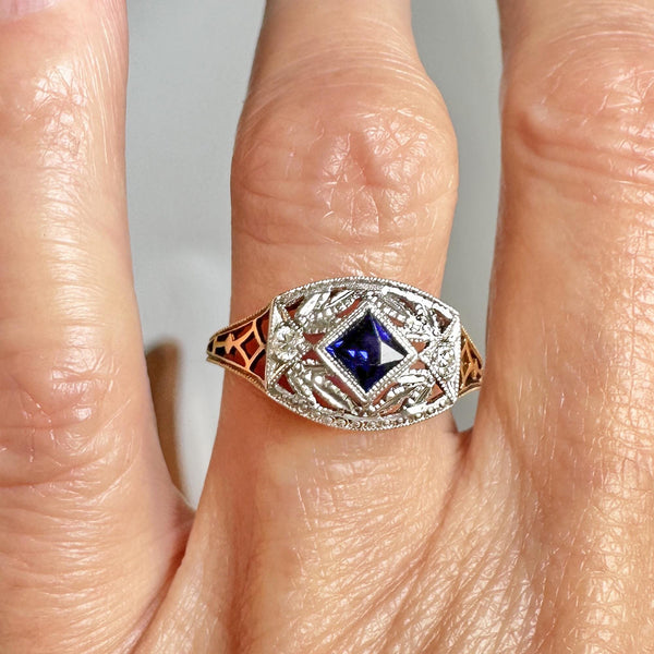 Art Deco Gold Filigree Diamond French Cut Sapphire Ring - Boylerpf