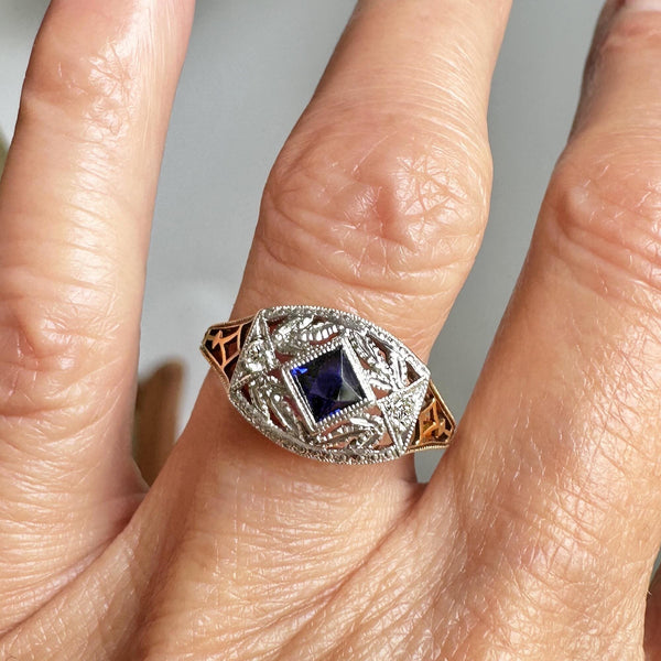 Art Deco Gold Filigree Diamond French Cut Sapphire Ring - Boylerpf