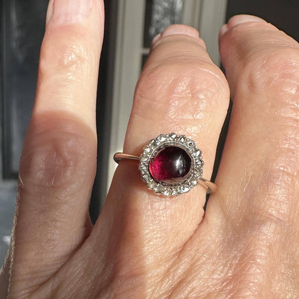 Georgian 15K Gold Rose Cut Diamond Halo Garnet Ring - Boylerpf