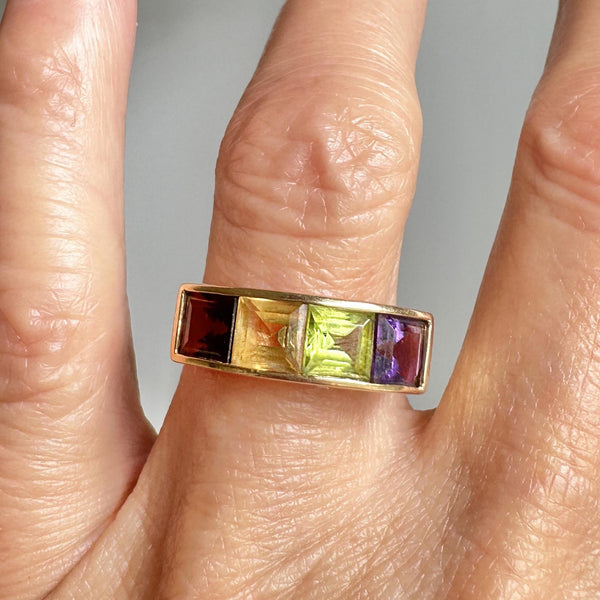 Vintage 14K Gold Gemstone Ring Band, Citrine Peridot Amethyst Garnet - Boylerpf