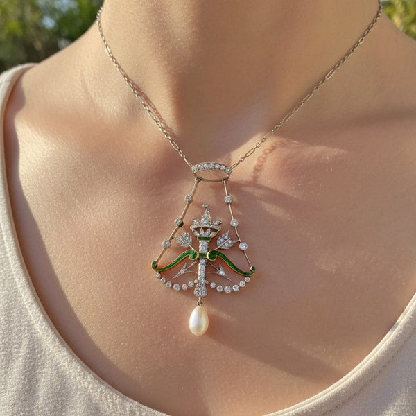 Antique Platinum Bow & Arrow Enamel Emerald Diamond Necklace - Boylerpf