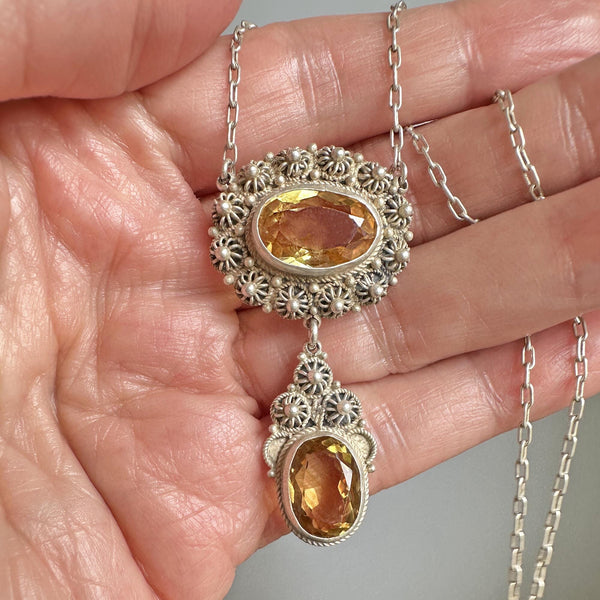 Antique Victorian Silver Canneille Flowers Citrine Necklace - Boylerpf