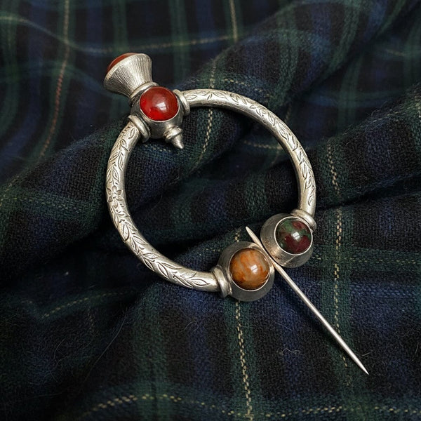 Antique Silver Scottish Agate Penannular Brooch Kilt Pin - Boylerpf