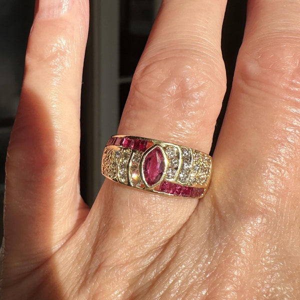 Wide 18K Gold Diamond Marquise Ruby Ring Band - Boylerpf