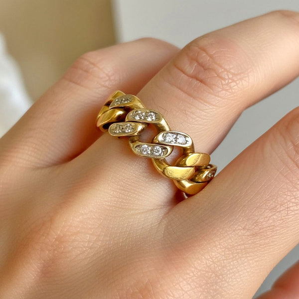 Vintage 18K Gold Chain Diamond Cuban Link Ring, 14.4 Grams