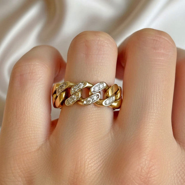 Vintage 18K Gold Chain Diamond Cuban Link Ring, 14.4 Grams