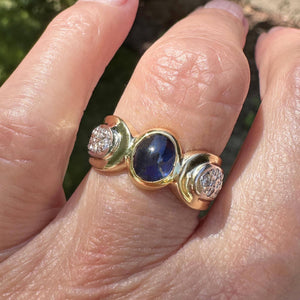 Wide 14K Gold Diamond Sapphire Cabochon Ring Band - Boylerpf