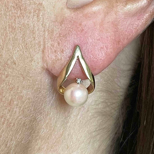 Vintage Diamond Pearl Stud Earrings in 14K Gold - Boylerpf